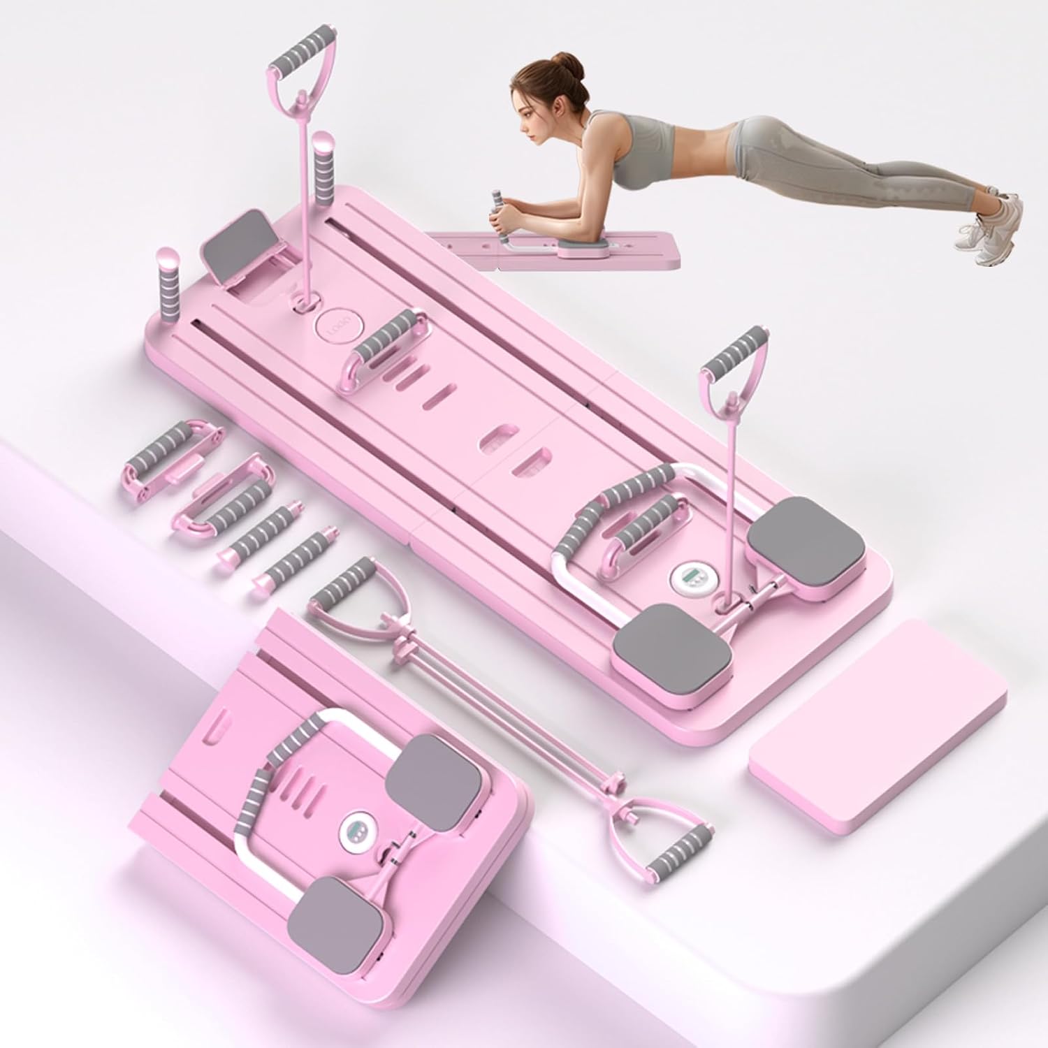 Foldable Pilates Reformer with Resistance Bands & Timer