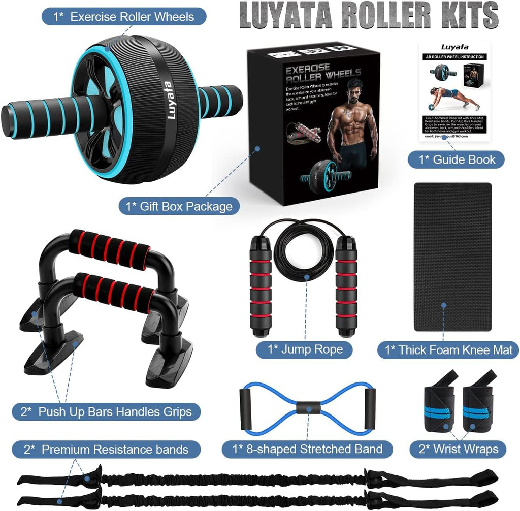 Ab Roller Wheel Kit with Resistance Bands, Knee Mat, Jump Rope, Push-Up Bar