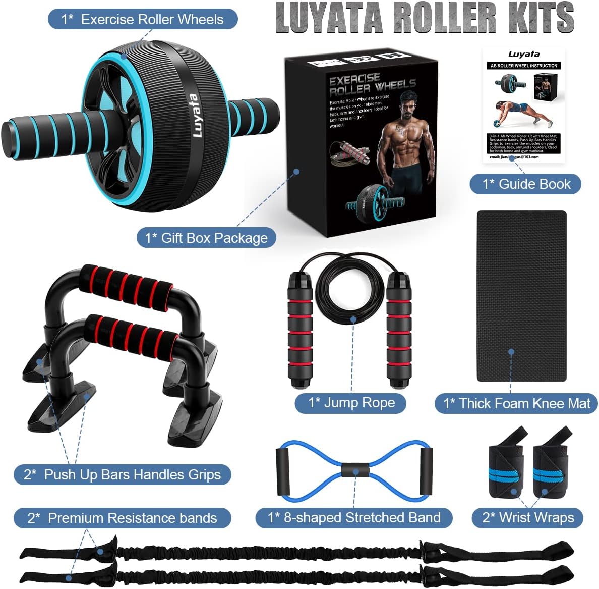 Ab Roller Wheel Kit with Resistance Bands, Knee Mat, Jump Rope, Push-Up Bar