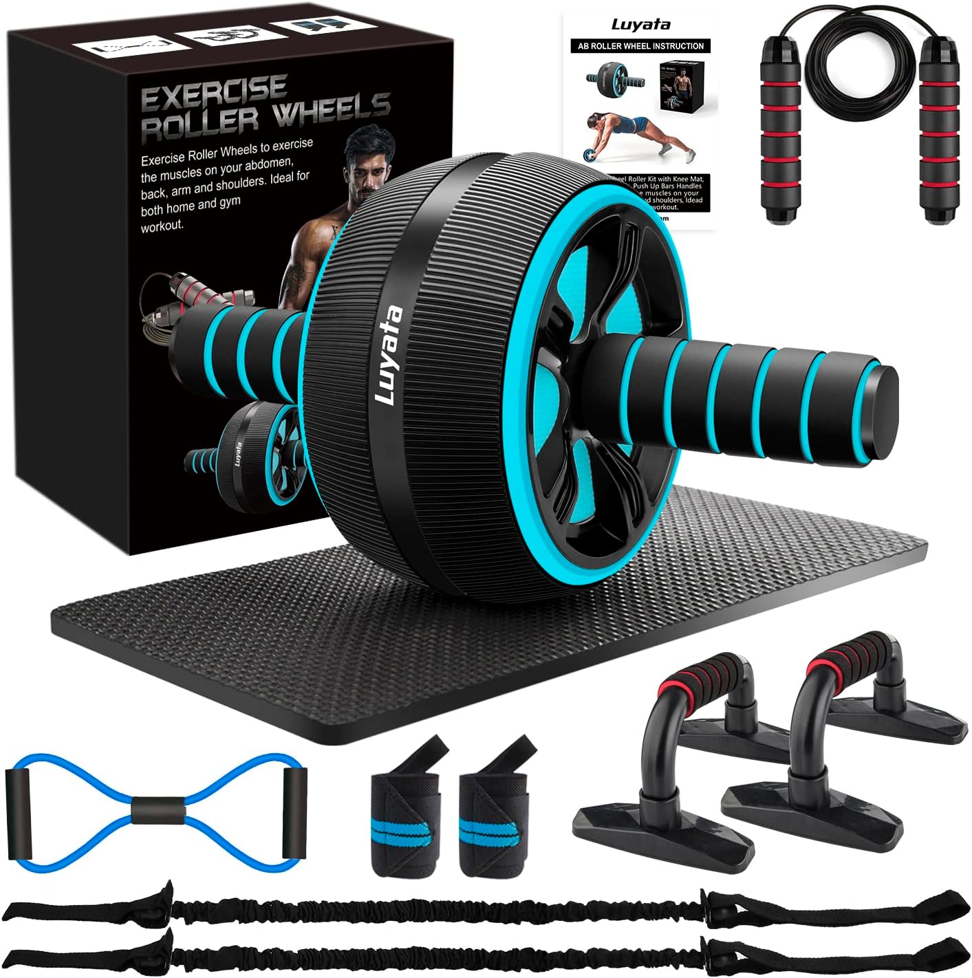 Ab Roller Wheel Kit with Resistance Bands, Knee Mat, Jump Rope, Push-Up Bar