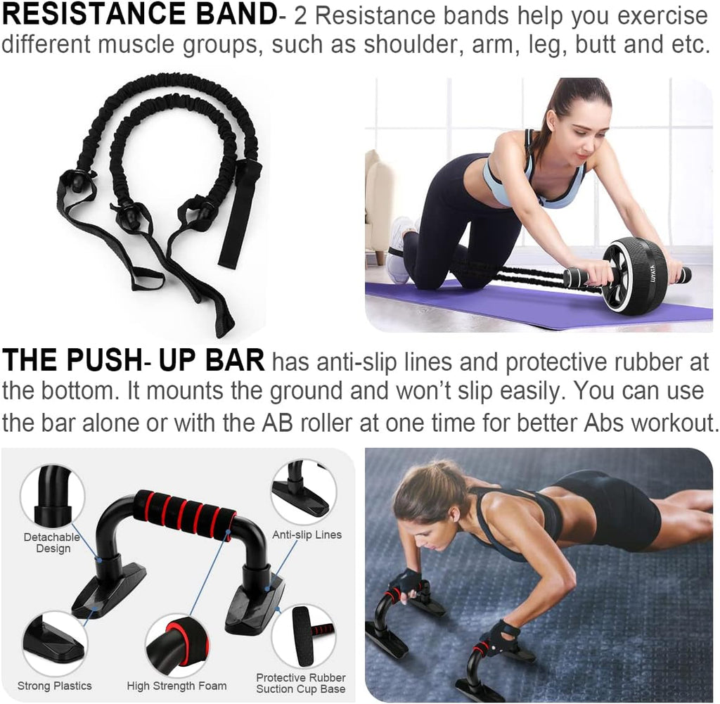 Ab Roller Wheel Kit with Resistance Bands, Knee Mat, Jump Rope, Push-Up Bar