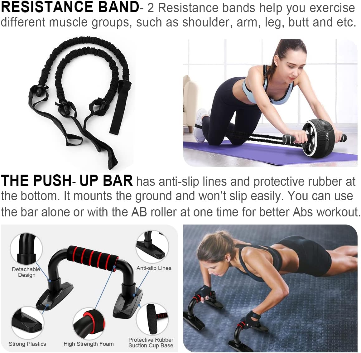 Ab Roller Wheel Kit with Resistance Bands, Knee Mat, Jump Rope, Push-Up Bar