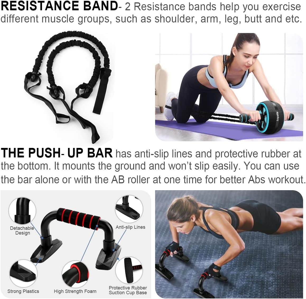 Ab Roller Wheel Kit with Resistance Bands, Knee Mat, Jump Rope, Push-Up Bar