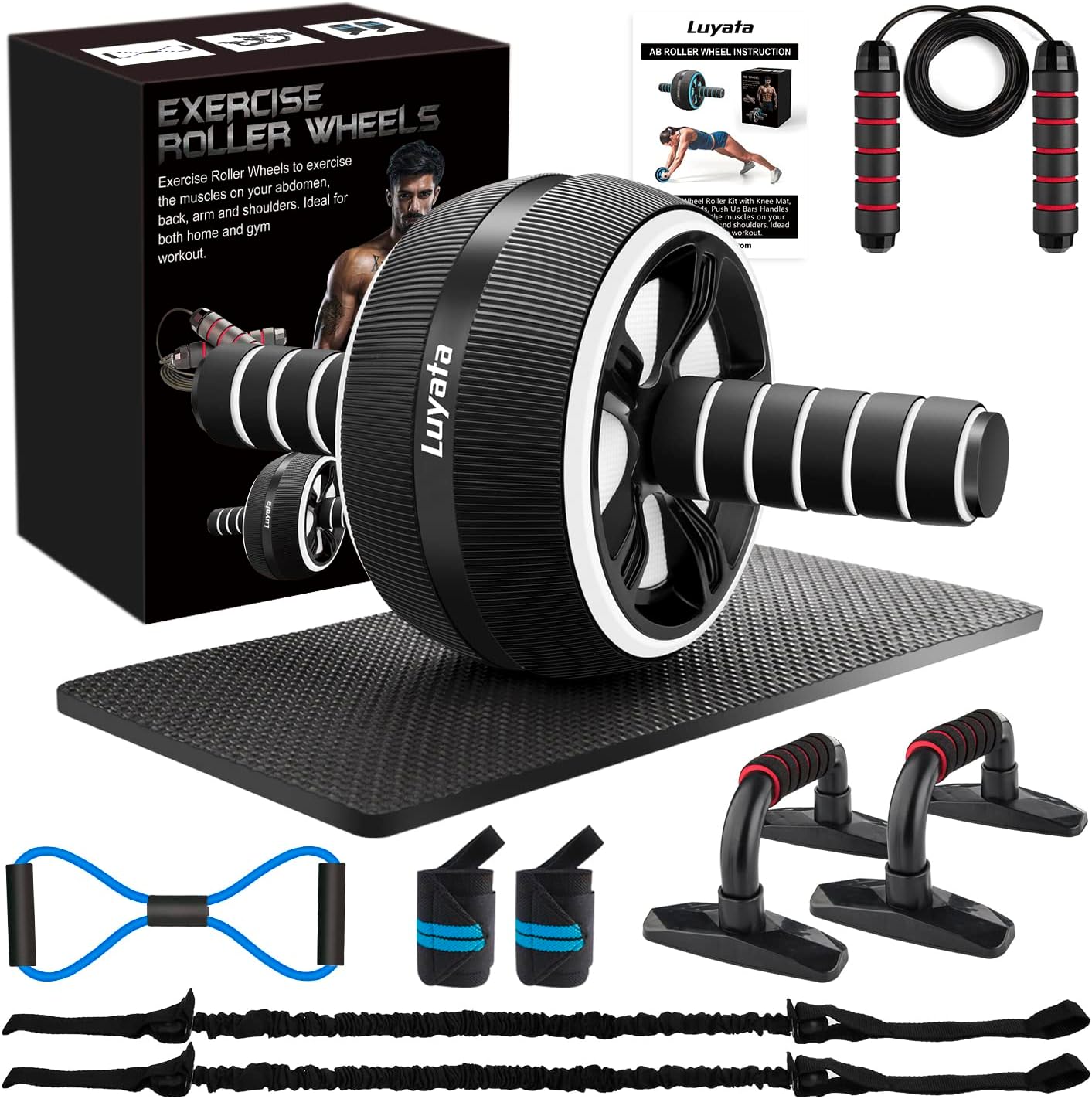 Ab Roller Wheel Kit with Resistance Bands, Knee Mat, Jump Rope, Push-Up Bar