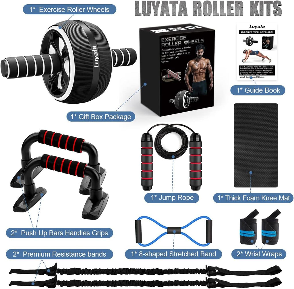Ab Roller Wheel Kit with Resistance Bands, Knee Mat, Jump Rope, Push-Up Bar