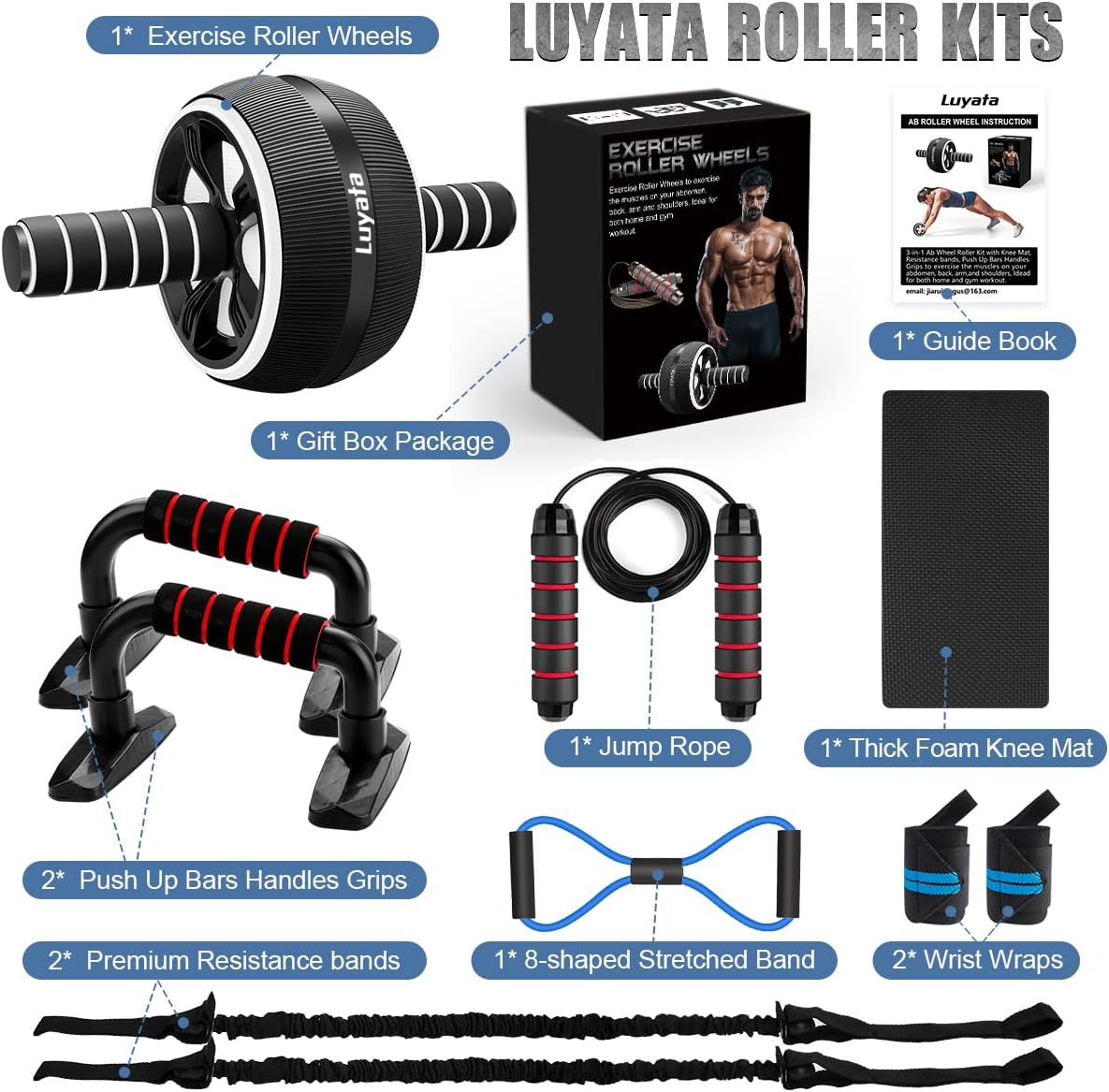 Ab Roller Wheel Kit with Resistance Bands, Knee Mat, Jump Rope, Push-Up Bar